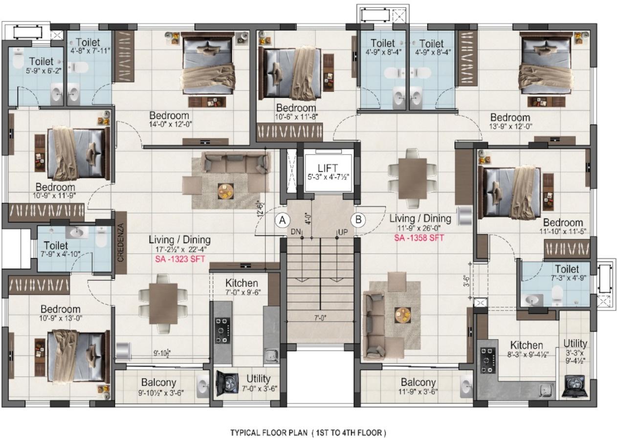 preethi Block 1 & 2 Cluster Plan from 1st to 4th Floor